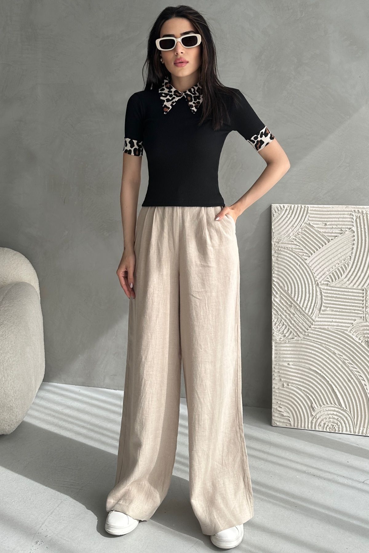Rabi Shine KADIN POLO YAKA LEOPAR DESENLİ FİTİLLİ BLUZ