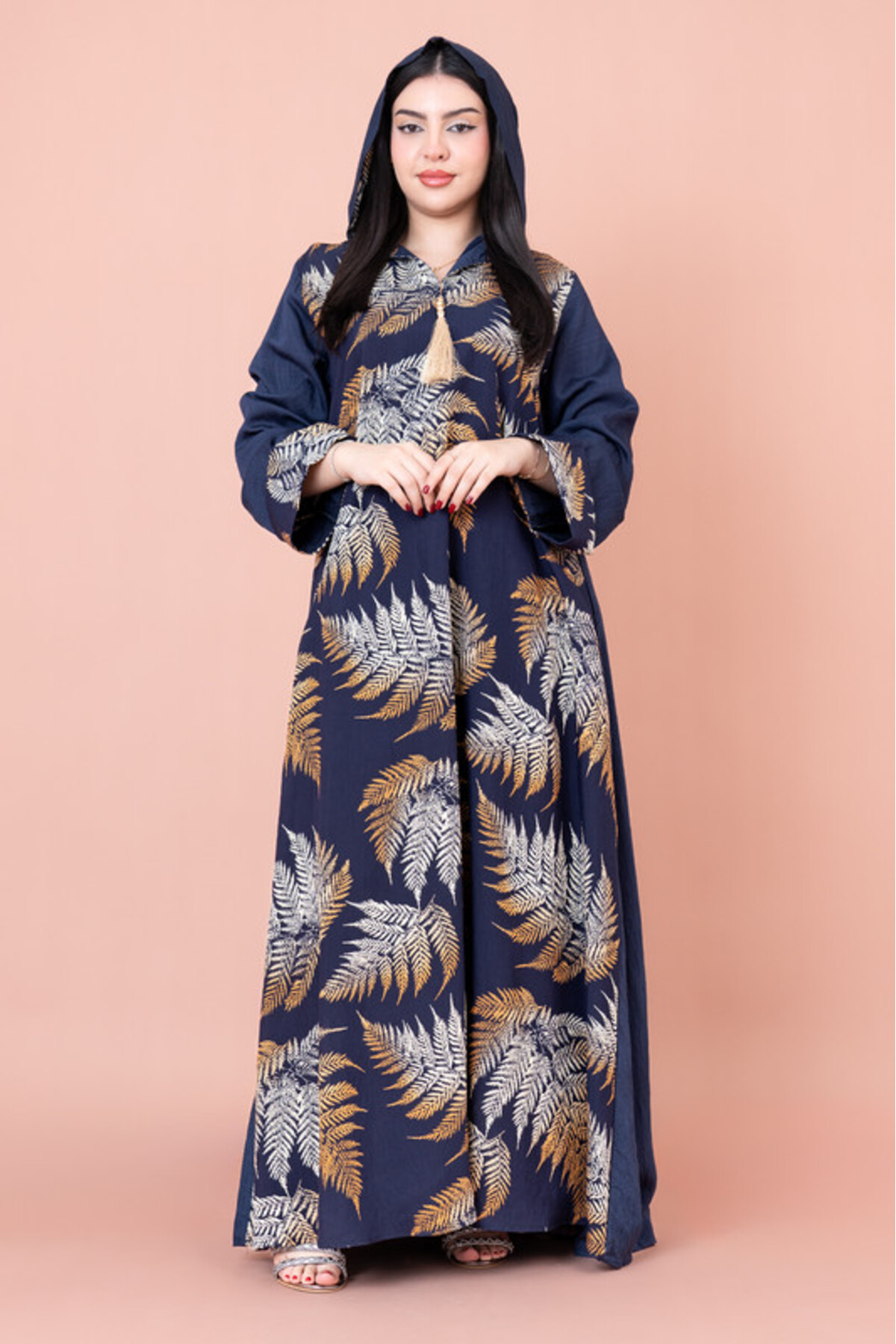 IKKXA Hooded Leaf Print Jalabiya