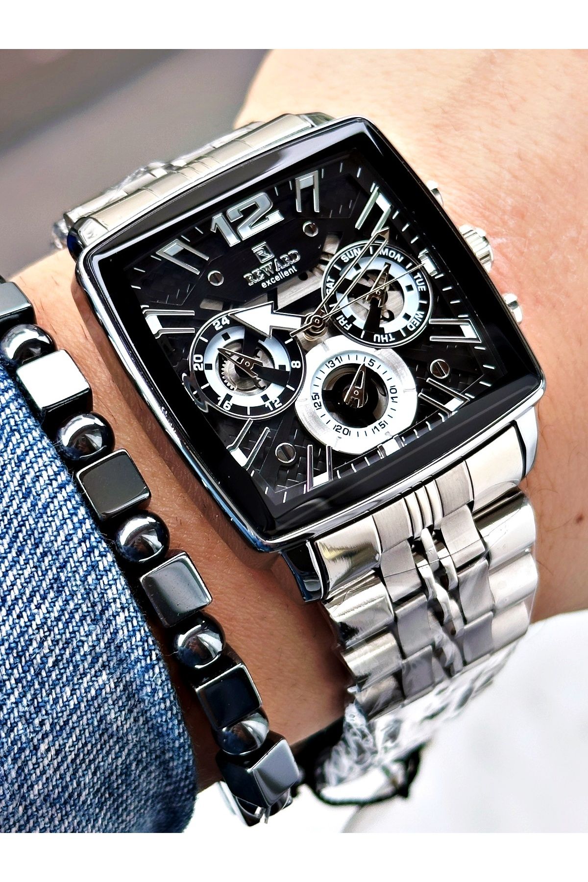 Reward-Silver Color Square Model Functions Active Men's Wristwatch + Bracelet 3