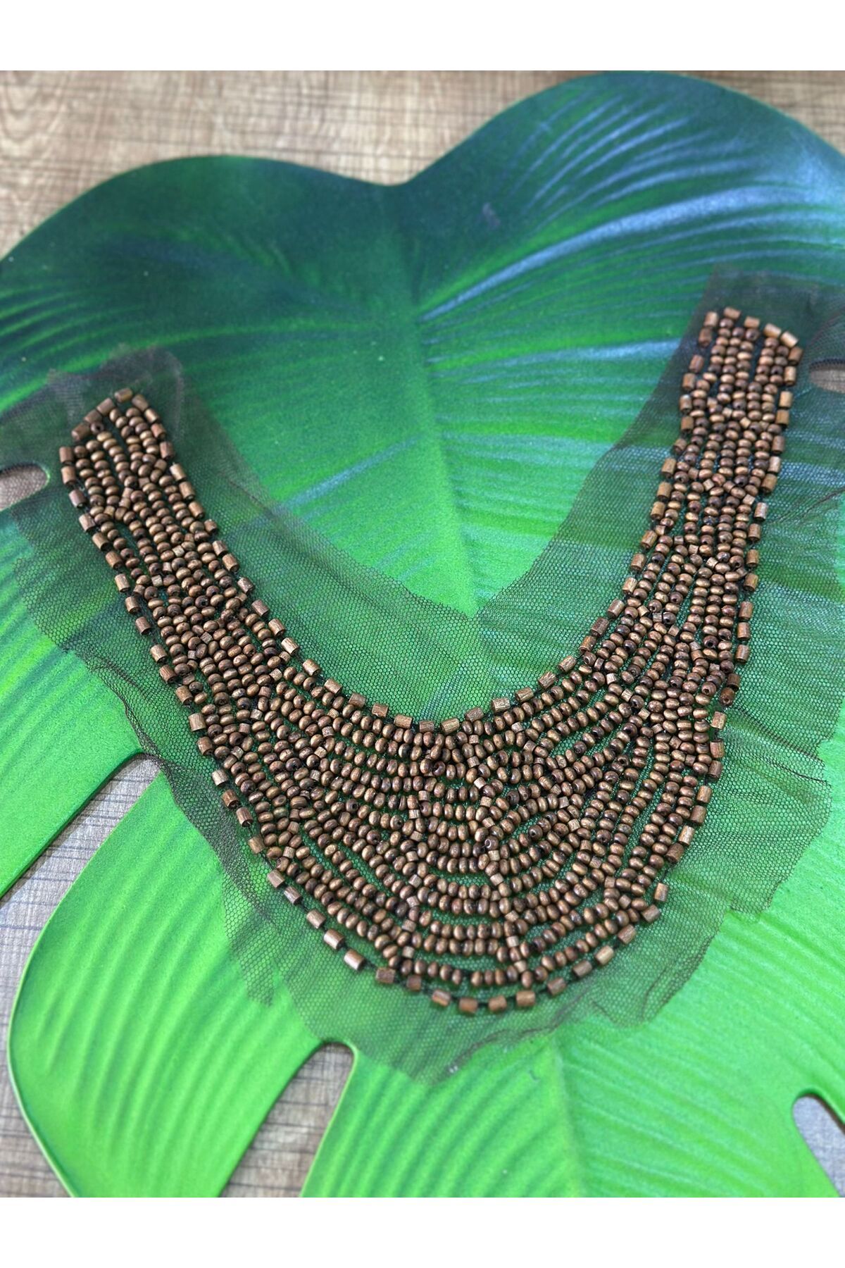 Gönülden Tasarım KAHVERENGİ BAMBU BONCUK İŞLEME YAKA DİKİŞ APLİKE 24X9 CM