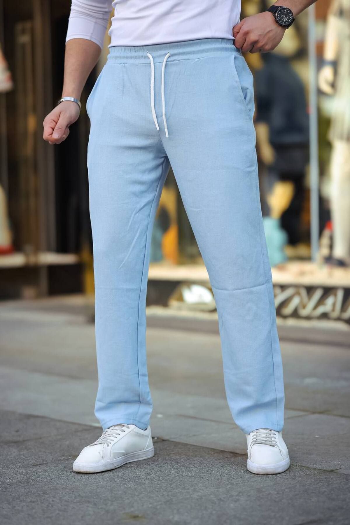 ROBERTO BORNOVA Beli Lastikli Keten Baggy Pantolon KP