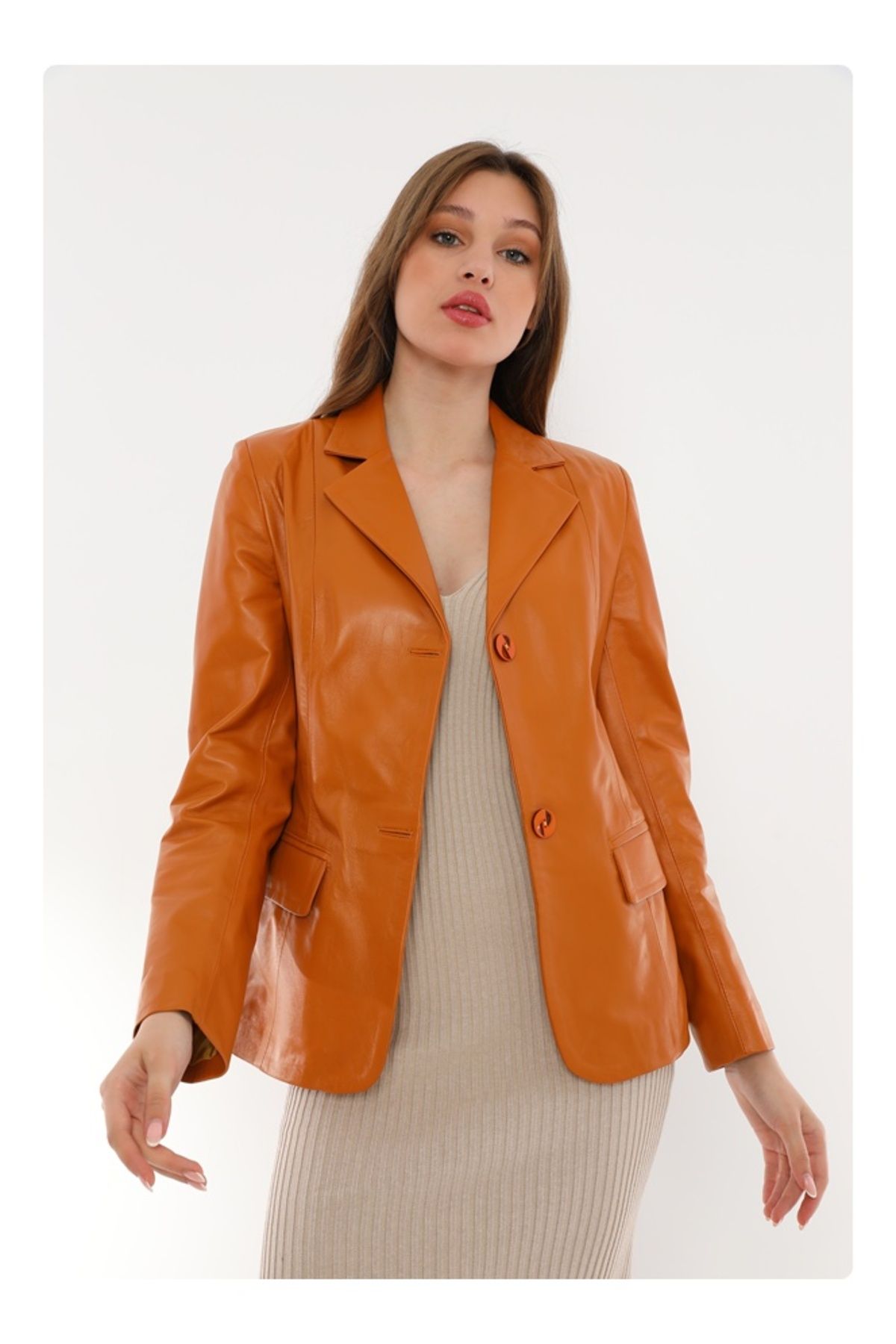 Dericeketim Camel Renk Kadın Sade Blazer Gerçek Deri Ceket - IPAWBLAZER