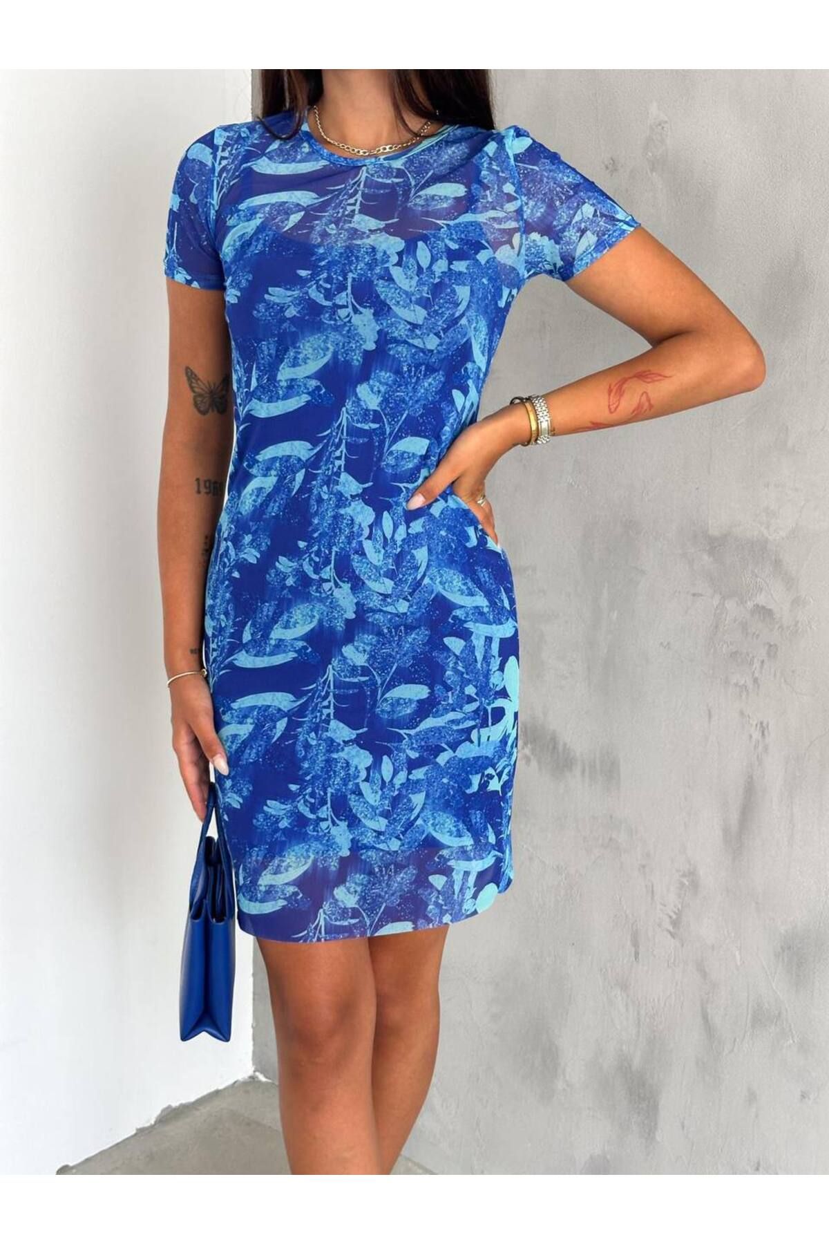 sümel butik Mavi Bisiklet Yaka Basic Midi Boy Elbise