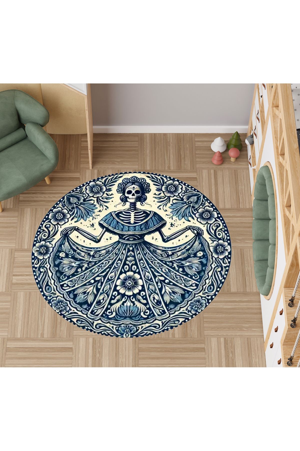 Rugs Modern Halı Alya Koleksiyonu Blue Blanc Gelinlikli İskelet Detaylı Dokuma Taban Yuvarlak Dekoratif Halı alya93