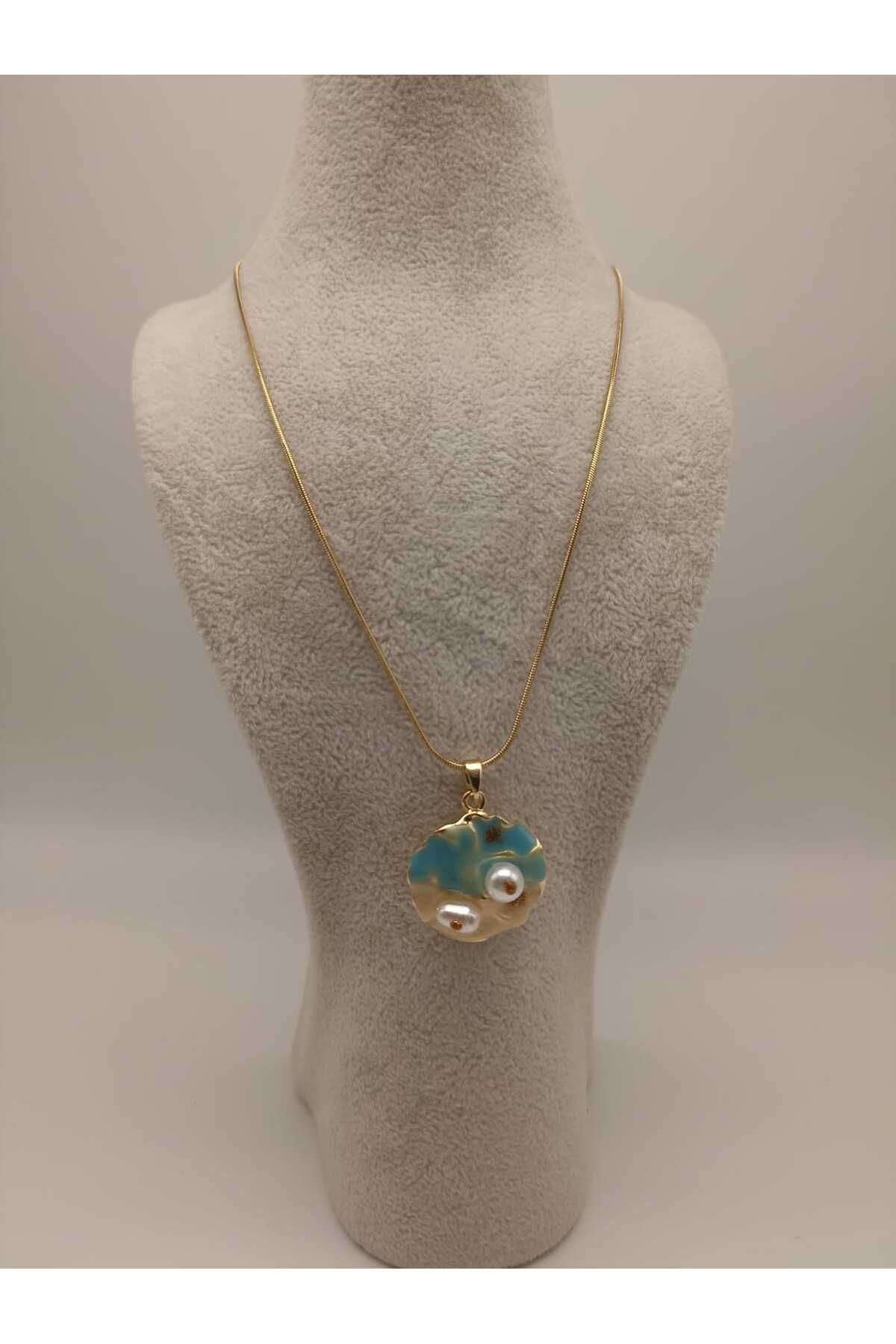 TLSMACCESORIES ÇELİK KOLYE MAVİ BEJ YUVARLAK FİGÜR