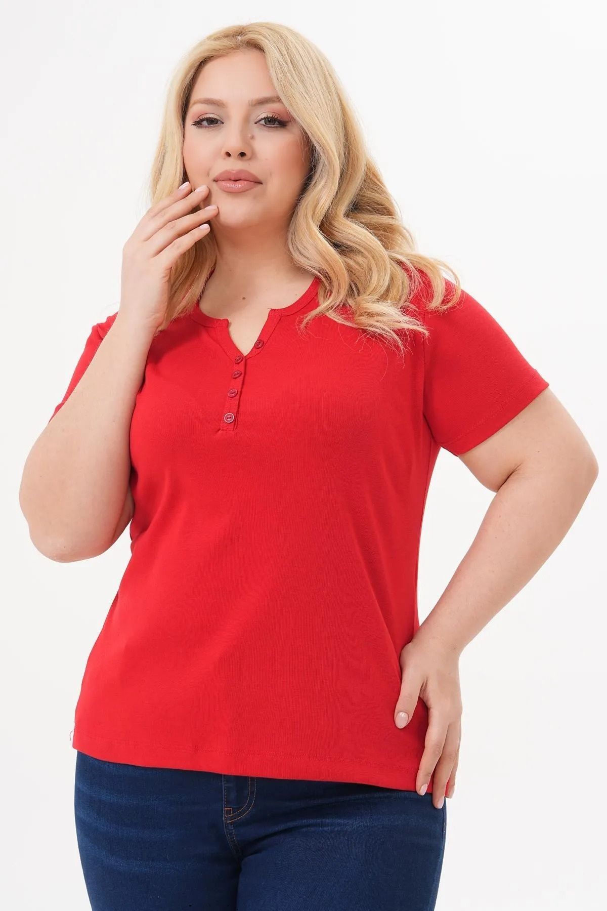LİFERA Pamuklu Likralı Düğme Detay Basic T-shirt , Büyük Beden tşört