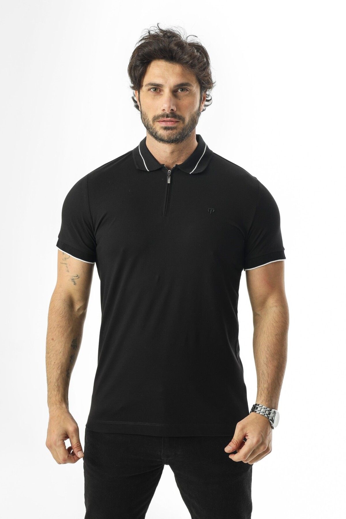 Tony Montana Polo Yaka Yarım Fermuarlı Nakış Armalı Pamuk T-Shirt-PL-3618