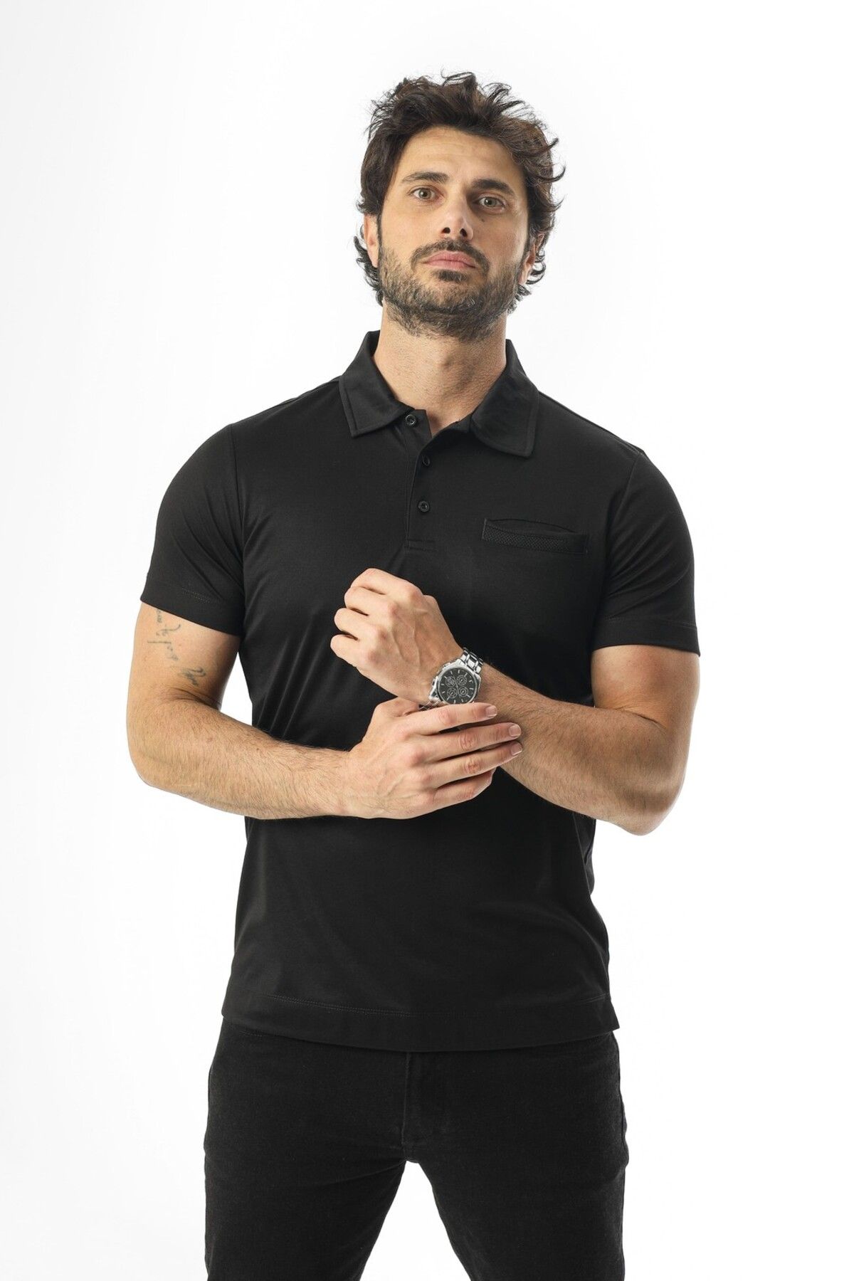 Tony Montana Polo Yaka Düğmeli Cepli Düz Renk T-Shirt-6288