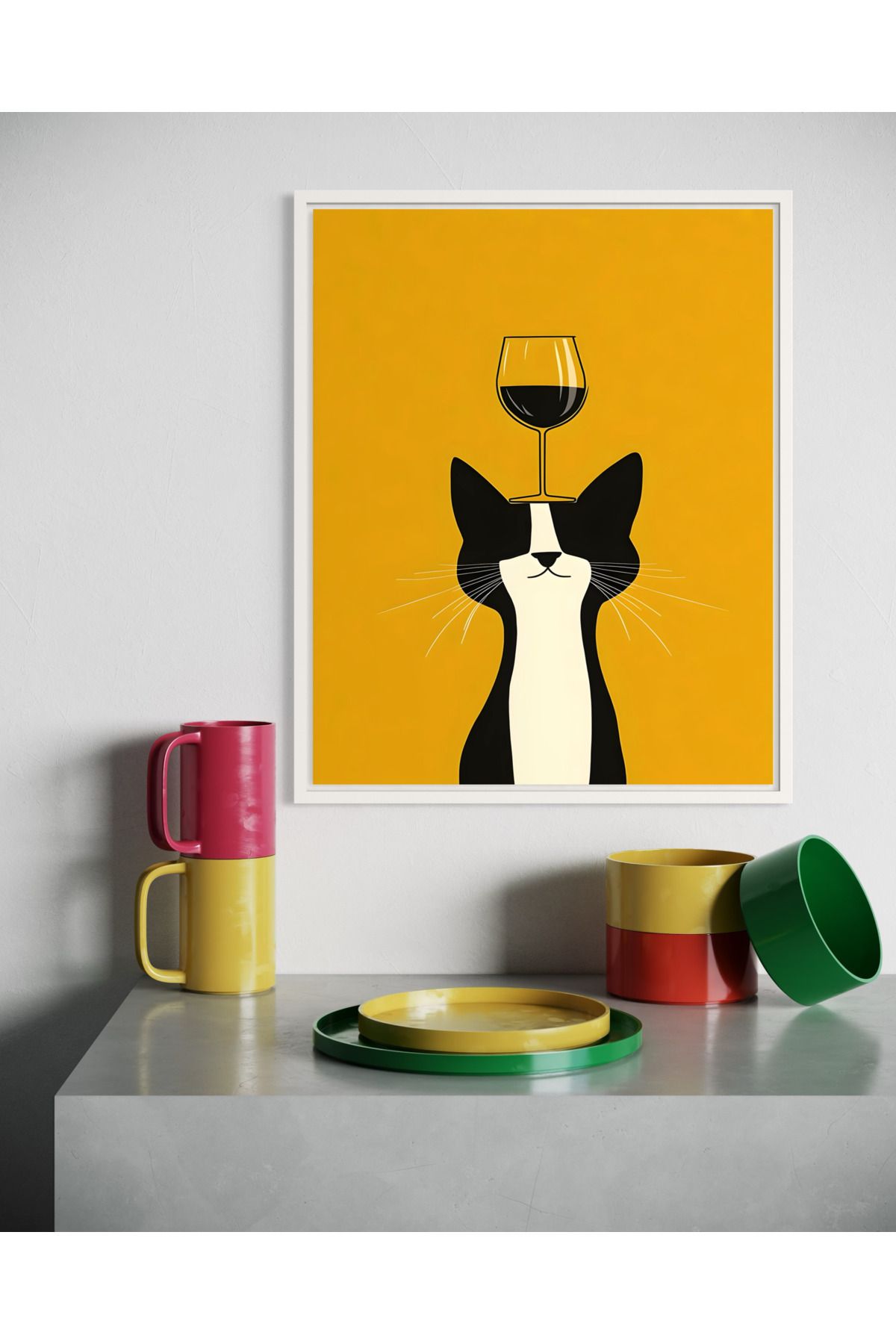 Woodsuppco Cat with Wine Çerçevesiz Poster, Duvar Posteri, Sanatsal Poster, Duvar Dekoru