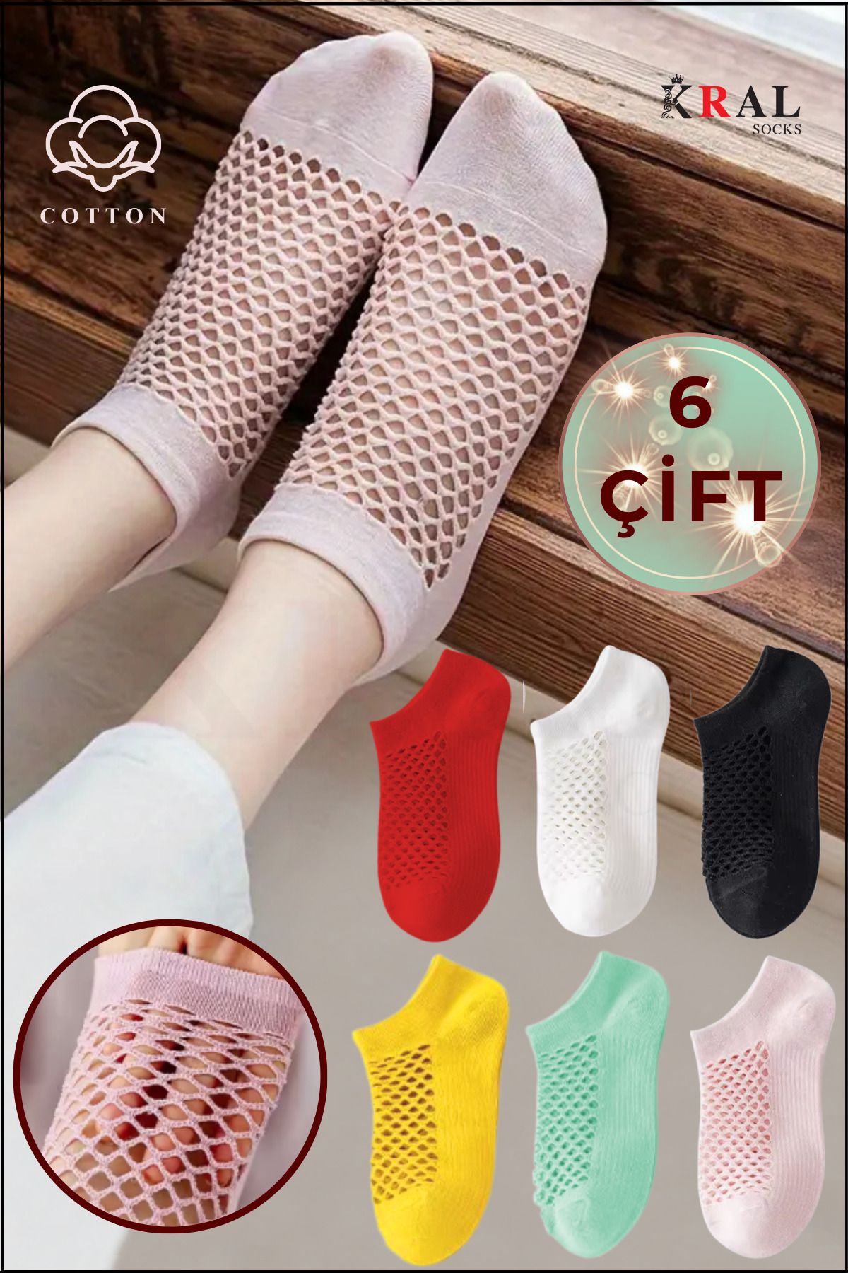 KRAL SOCKS Kadın Patik (6 ÇİFT) Çeyrek Soket File Model Pamuklu Terletmez Çorap Seti