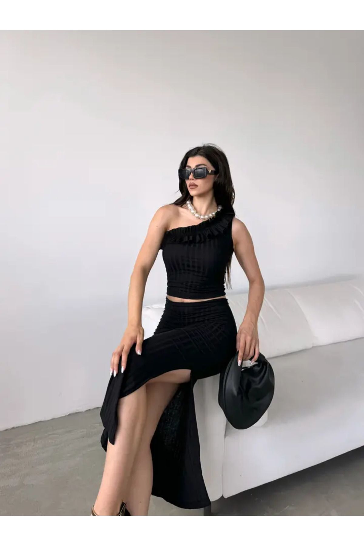 defiletekstil Tek Omuz Fırfır Detaylı Etek Ve Bluz Alt Üst