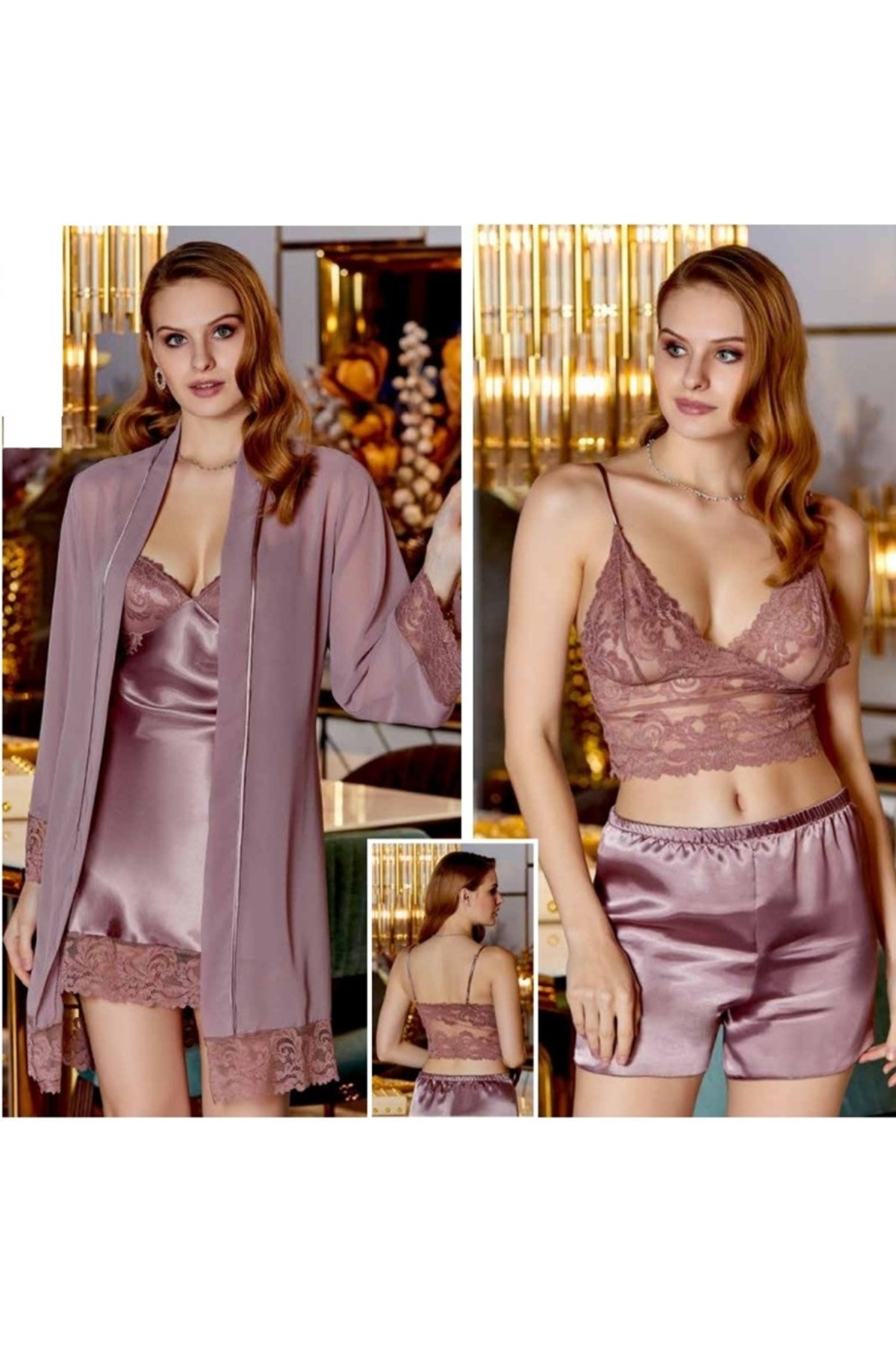 pierre İpek Saten 4'lü Gecelik&Sabahlık Büstiyerli Şort Takım 4020 BORDO,SİYAH.VİZON