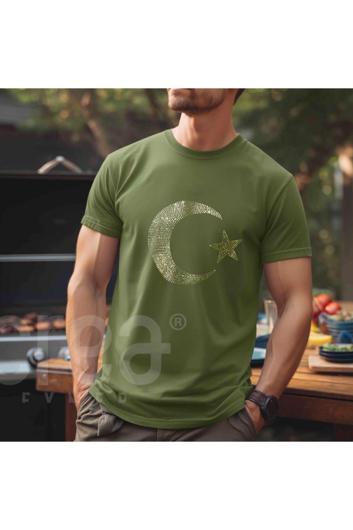 Crea Eymer Wear Taş Baskılı Ayyıldız - Military CO Dijital Baskılı Pamuk Bisiklet Yaka Tişört Haki - Khaki