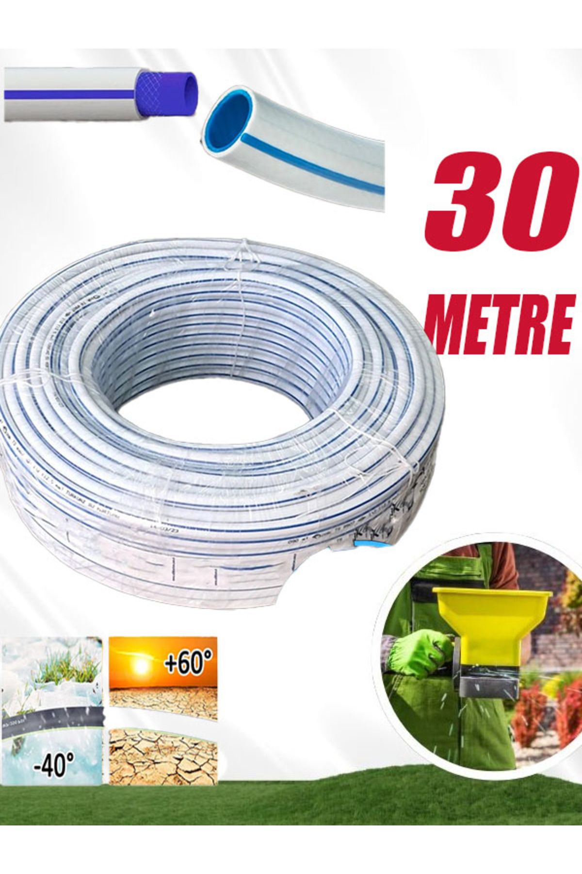 nublado Bahçe Sulama Hortumu 3 Katlı Sağlam 30 Metre 12.5 mm 1/2" Çeşme Su Hortum Araç Araba Yıkama