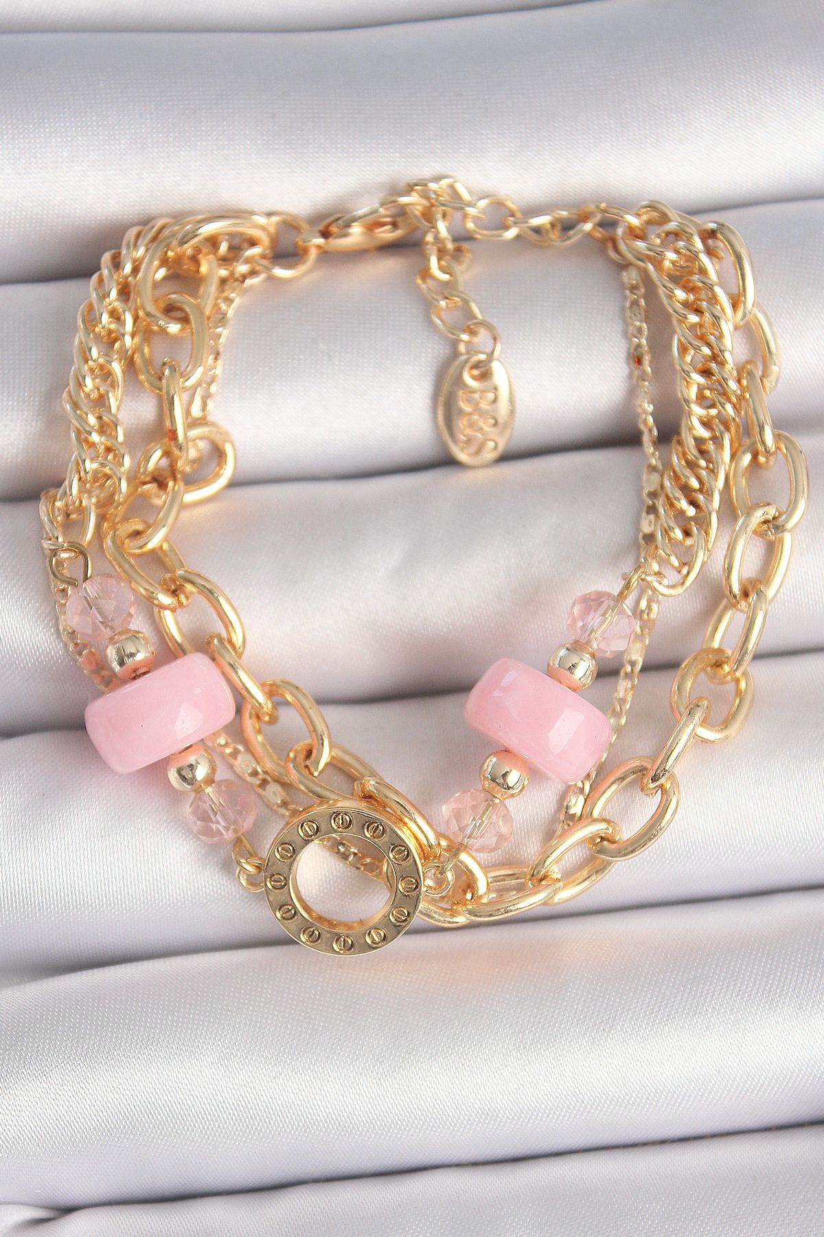 SeyCey.co Pirinç Gold Renk Çoklu Pembe Taşlı Kadın Bileklik