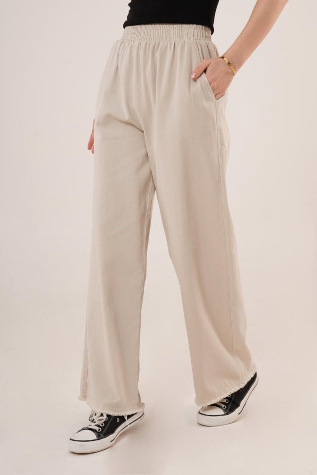 VELİZADE Yüksek Bel Esnek Konfor Modeli Beli Lastikli Paçası Püsküllü Bol Paça Wide Leg Palazzo Pantolon