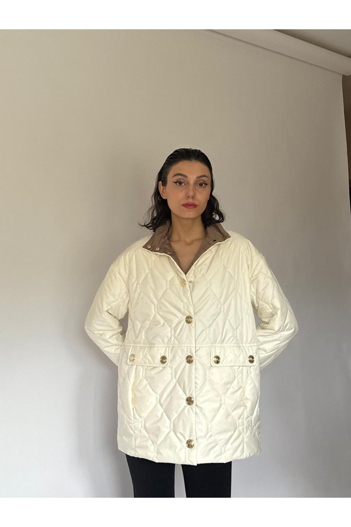 mirandalya GOLD DÜĞMELİ İNCİ BEYAZI MONT