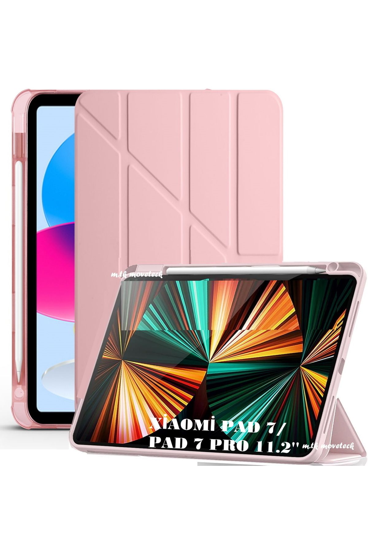 m.tk moveteck Mi Pad 7/7 Pro 11.2 inç Uyumlu Kılıf Kalem Bölmeli Üçgen Katlanır Standlı Yumuşak Silikon
