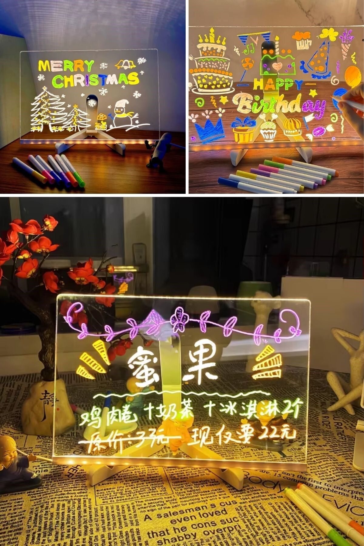 Ahanda Buldum AhandaBuldum 20x30 cm LED Işıklı Kendiliğinden Renkli Fosforlu Kalemli Dikdörtgen Yazı Panosu