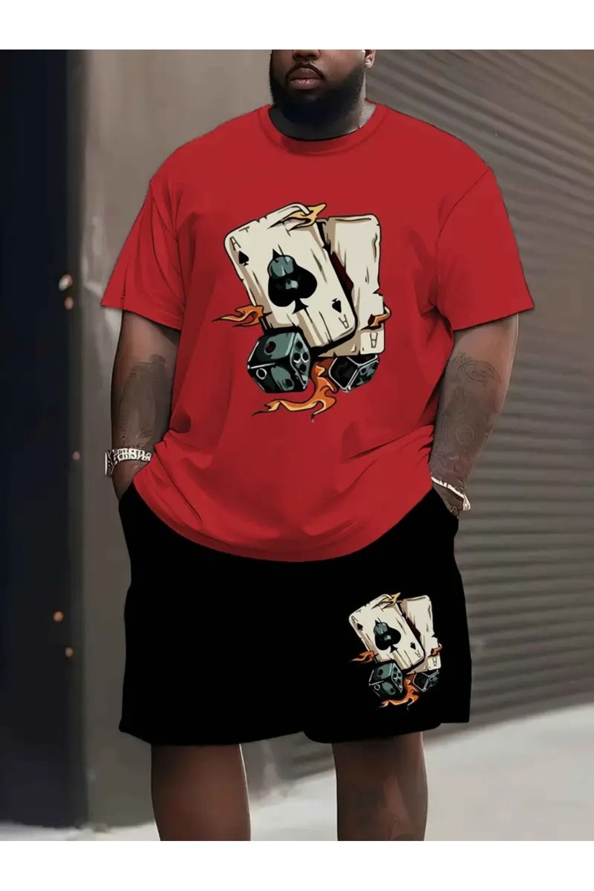 LAND MODA Erkekler için Rahat Yaka T-Shirt, Kart Çekirdek Baskılı, Bol Kesim