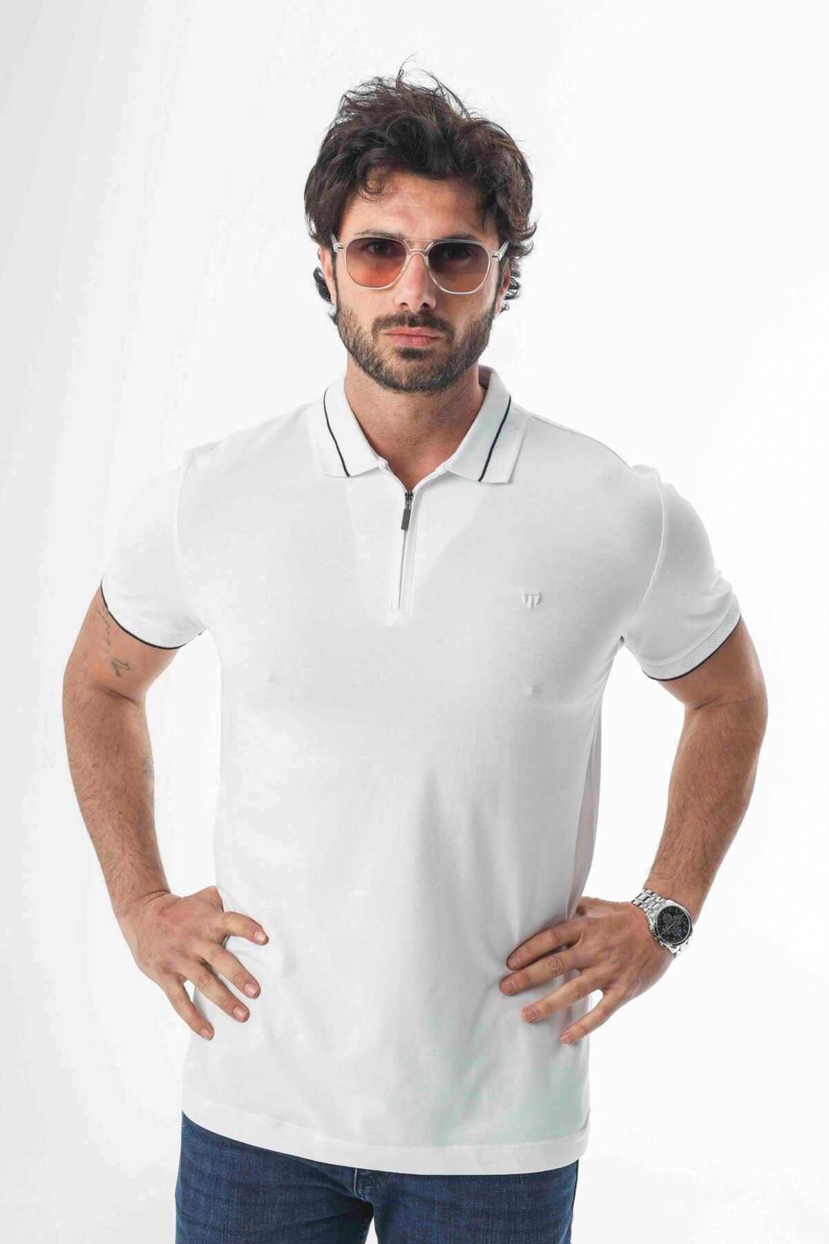 Tony Montana-Polo Neck Half Zipper Embroidered Emblem Cotton T-Shirt-Pl-3618 2