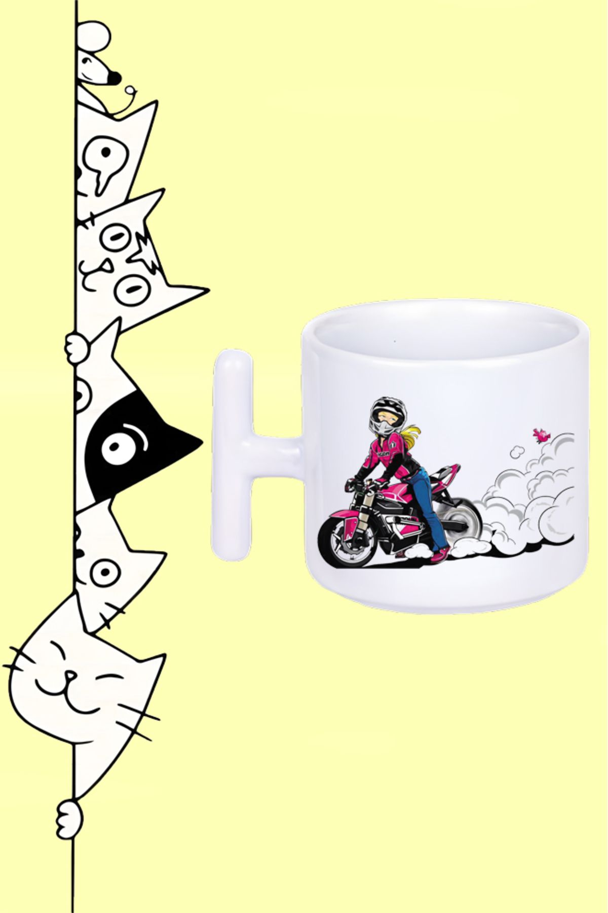 Olympus plus PEMBE MOTORLU KIZ KASK MOTOR TASARIM BASKILI BEYAZ T SAP KUPA BARDAK