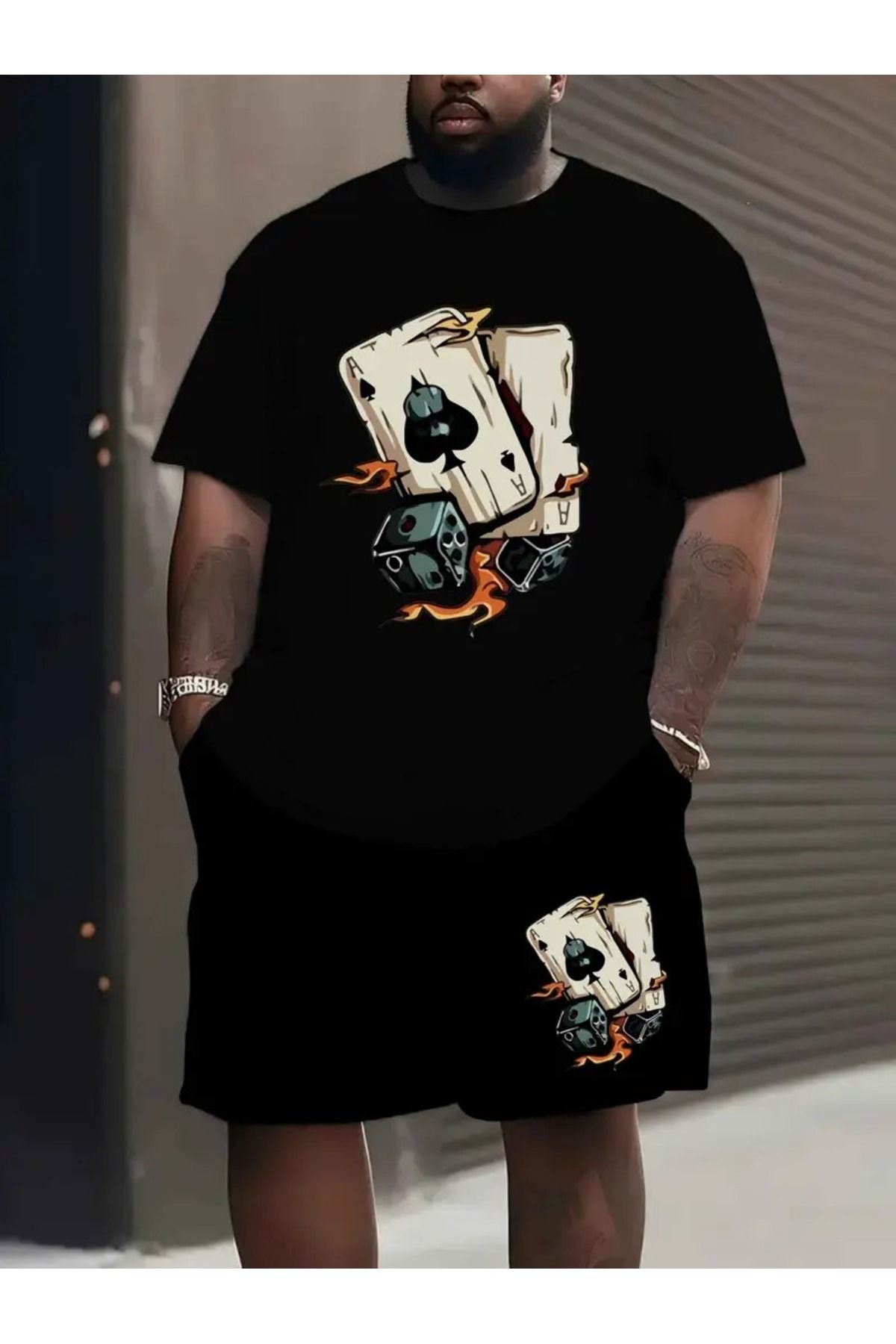 LAND MODA Erkekler için Rahat Yaka T-Shirt, Kart Çekirdek Baskılı, Bol Kesim