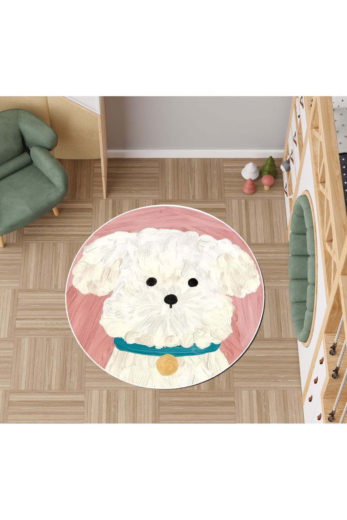 Rugs Modern Halı Alya Koleksiyonu Pastel Tonlarda Sevimli Köpek Detaylı Dokuma Taban Yuvarlak Dekoratif Halı alya95