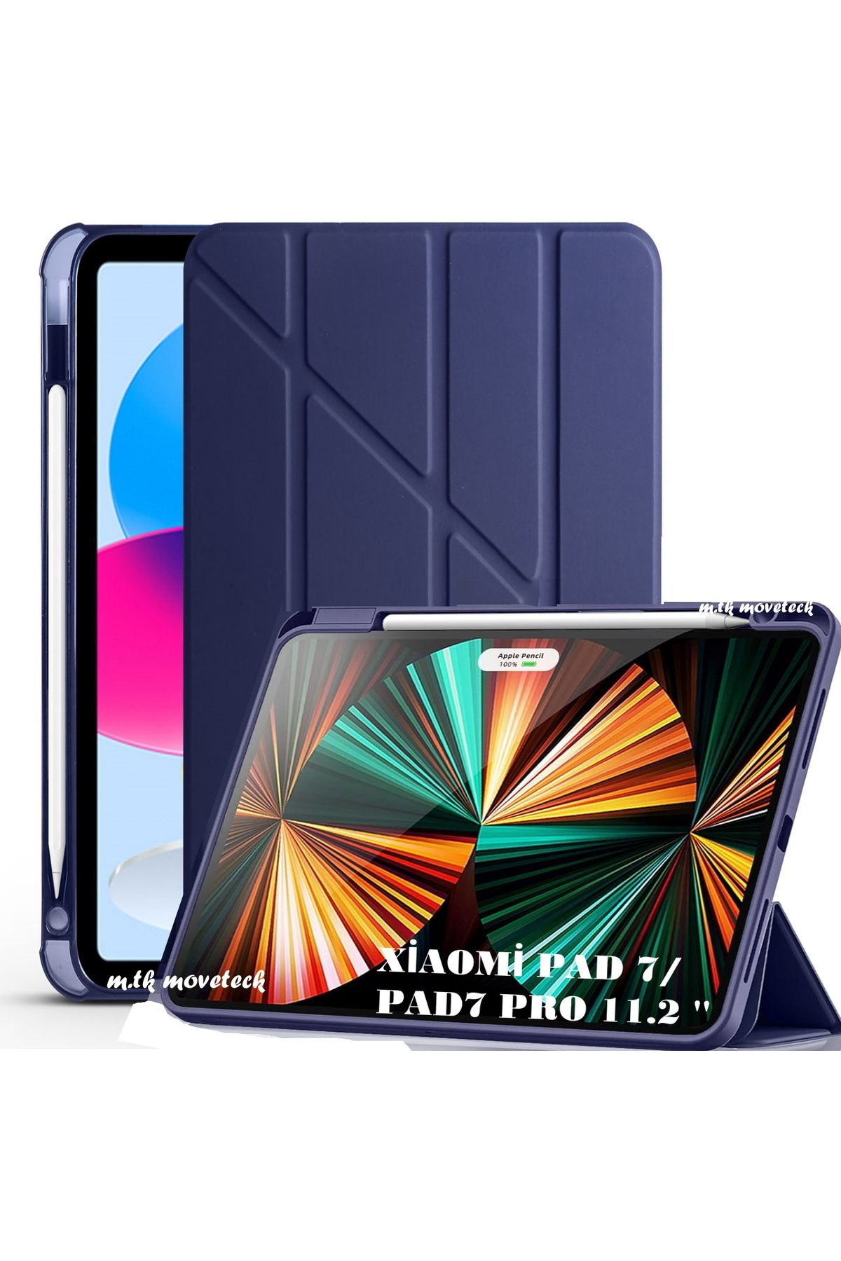 m.tk moveteck Mi Pad 7/7 Pro 11.2 inç Uyumlu Kılıf Kalem Bölmeli Üçgen Katlanır Standlı Yumuşak Silikon