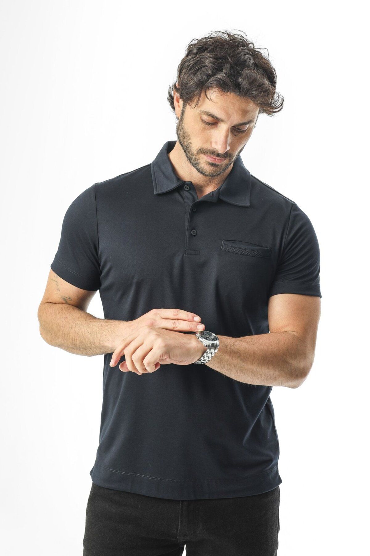 Tony Montana Polo Yaka Düğmeli Cepli Düz Renk T-Shirt-6288