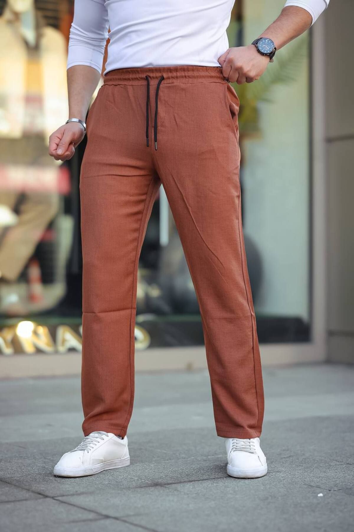 ROBERTO BORNOVA Beli Lastikli Keten Baggy Pantolon KP