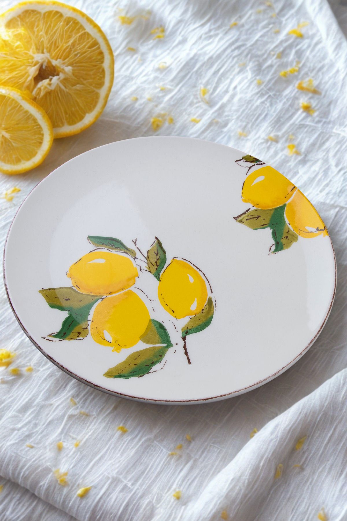 Manaferra Limon Desen El Yapımı Organik 6'lı Servis Tabak Seti 26 Cm
