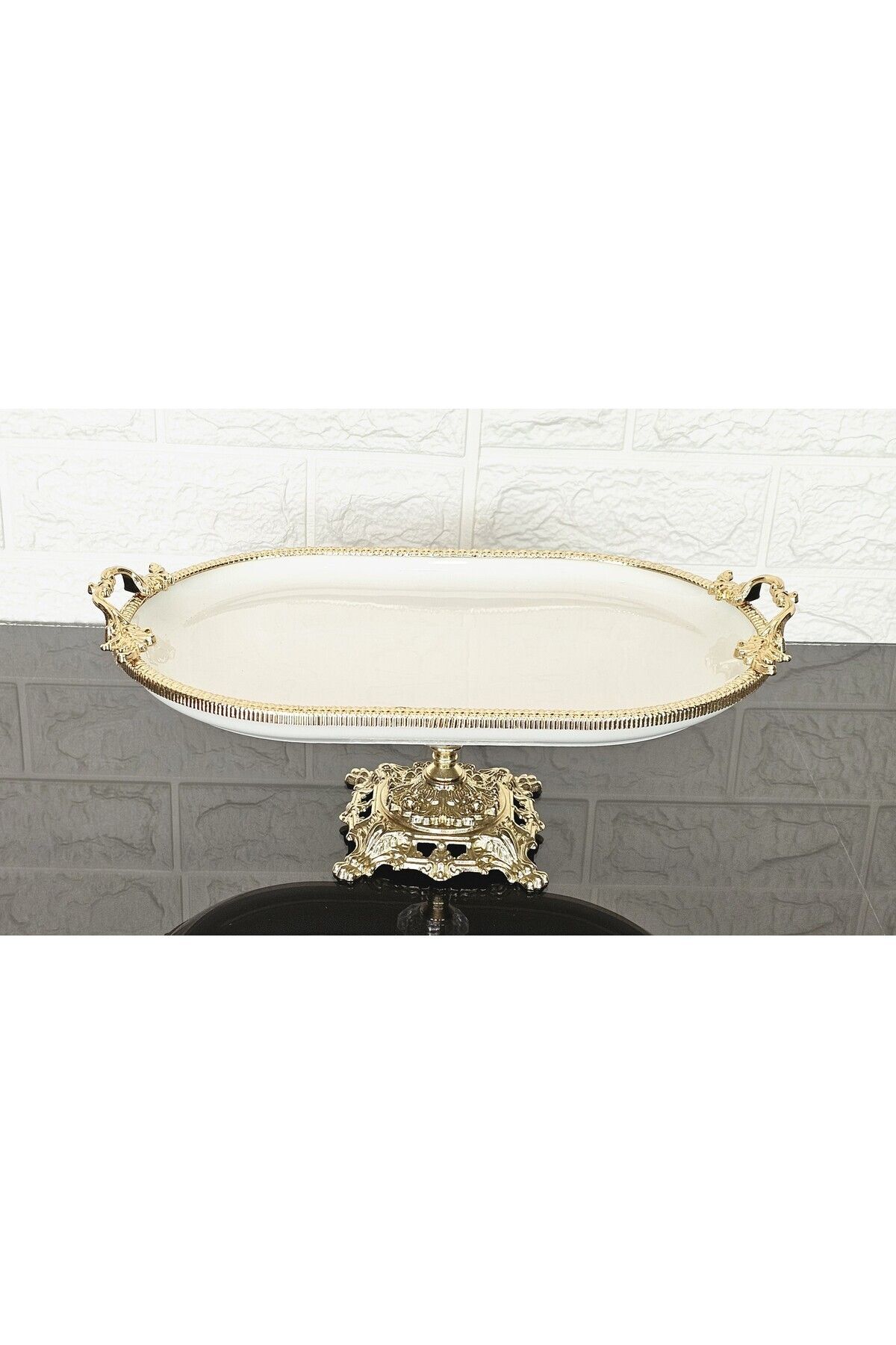 atabey home PORSELEN BÜYÜK SADE KAYIK SUNUMLUK DÖKÜM GOLD ÇERÇEVELİ VE AYAKLI 33 CM