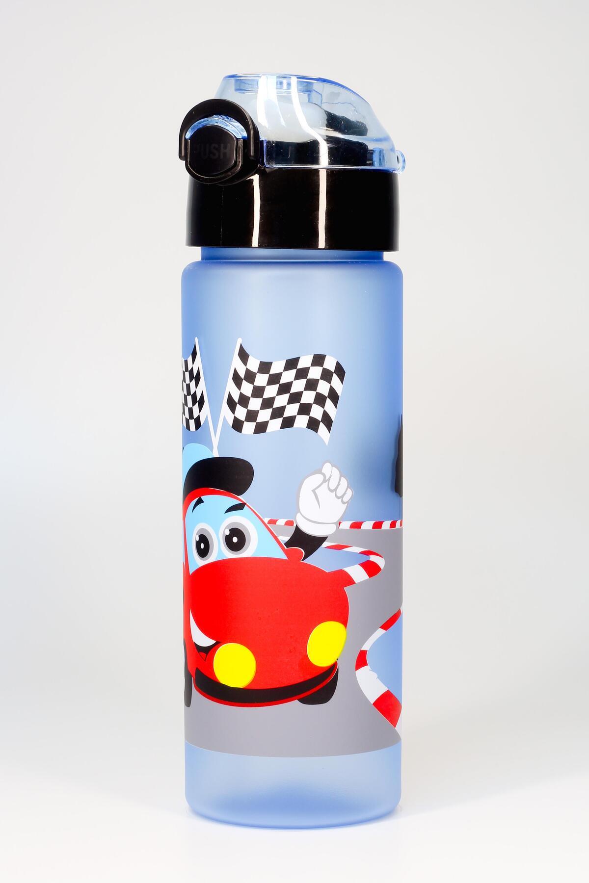 Telvesse Çocuk Su Matarası Tritan Pipetli Su Şişesi Arabalı Okul Suluğu Pipetli BPA'sız 550 mL Mavi T0101