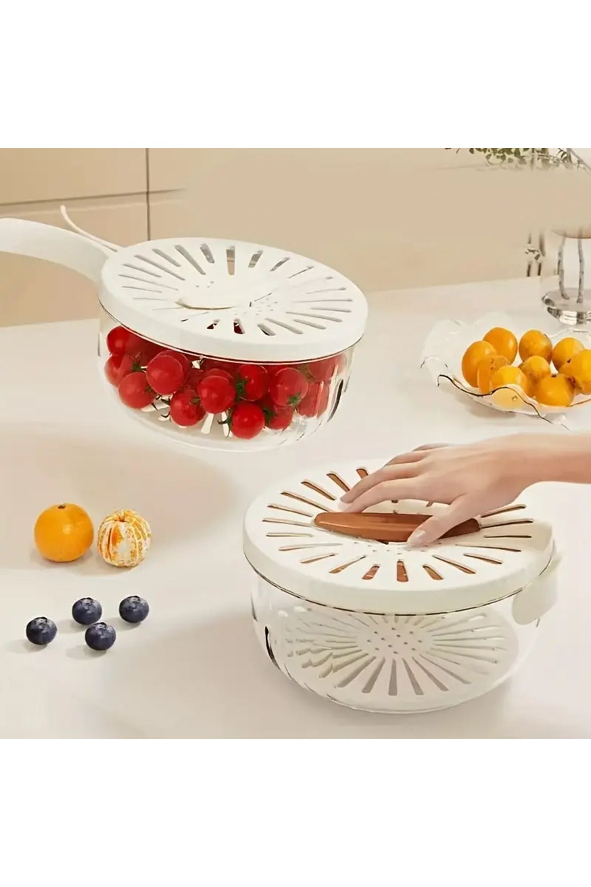 RED KİTCHEN Lüks Katlanabilir Saplı Süzgeçli Meyve Sebze Bakliyat Yıkama ve Saklama Kabı