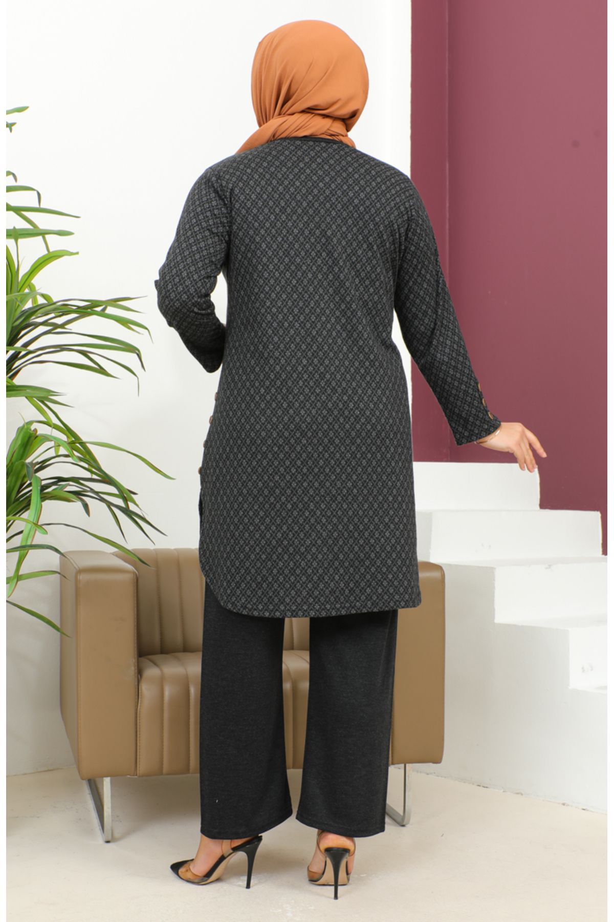 sefamerve-Motif Patterned Tunic Trousers Double Set 2692A-01 Black 5
