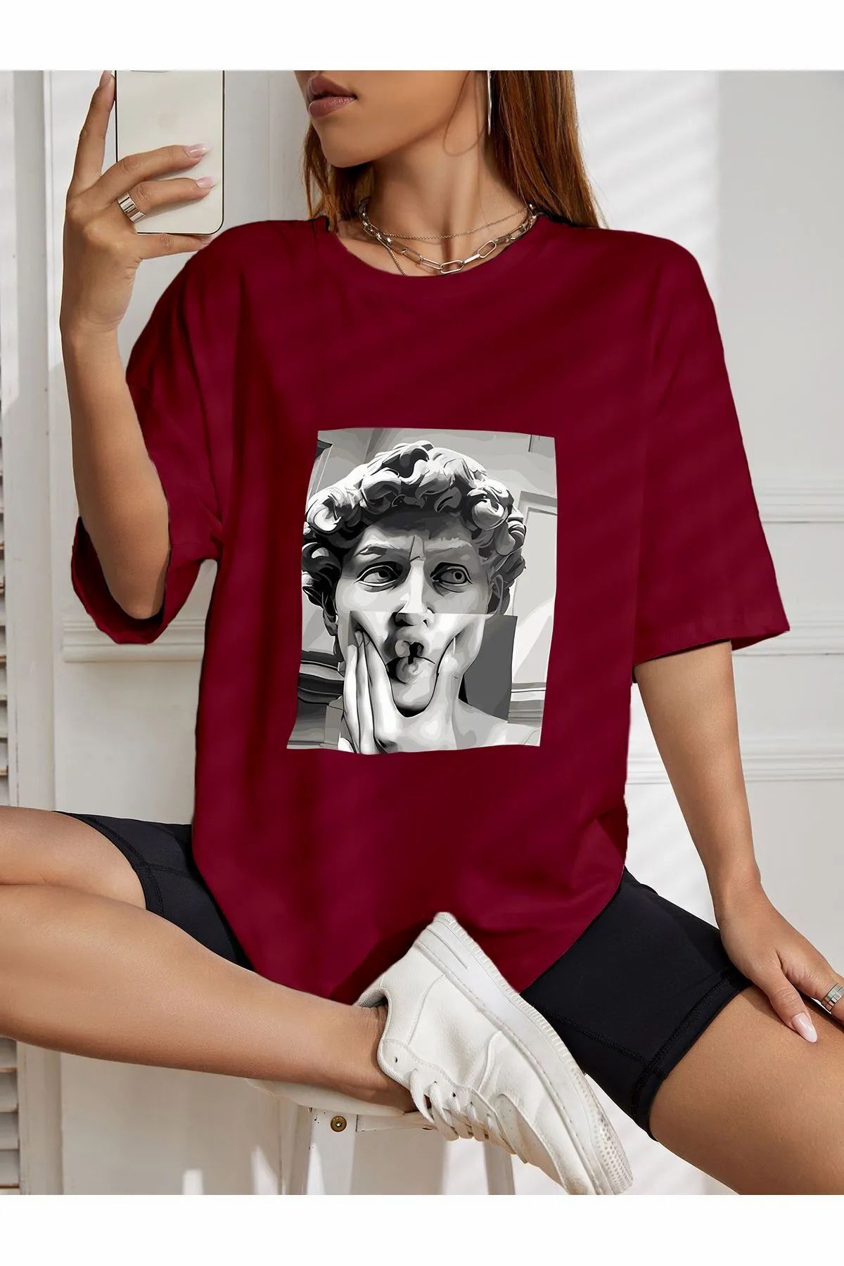 ship master oversize David of Michelangelo baskılı T-shirt