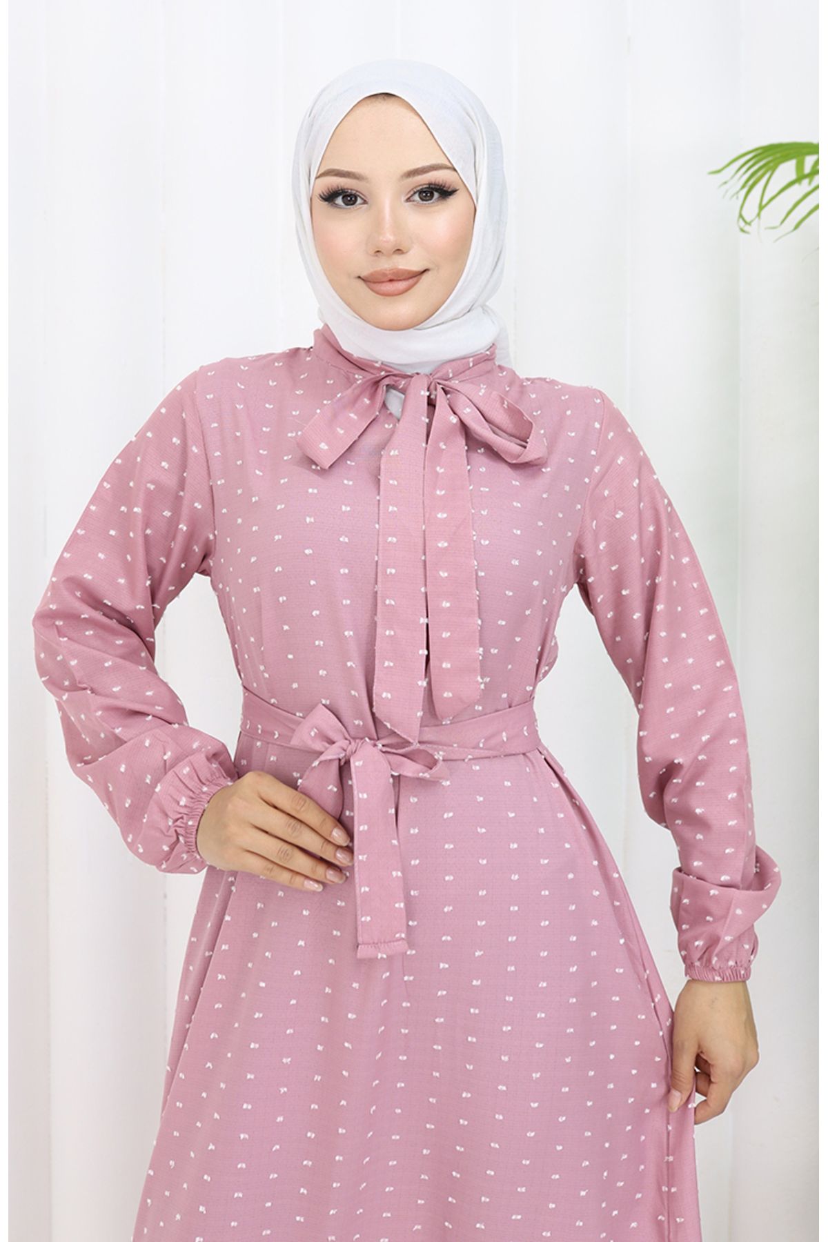 sefamerve-Getrocknetes rosafarbenes Pıtpıt-gemustertes Kleid mit Gürtel – 0383-03 4