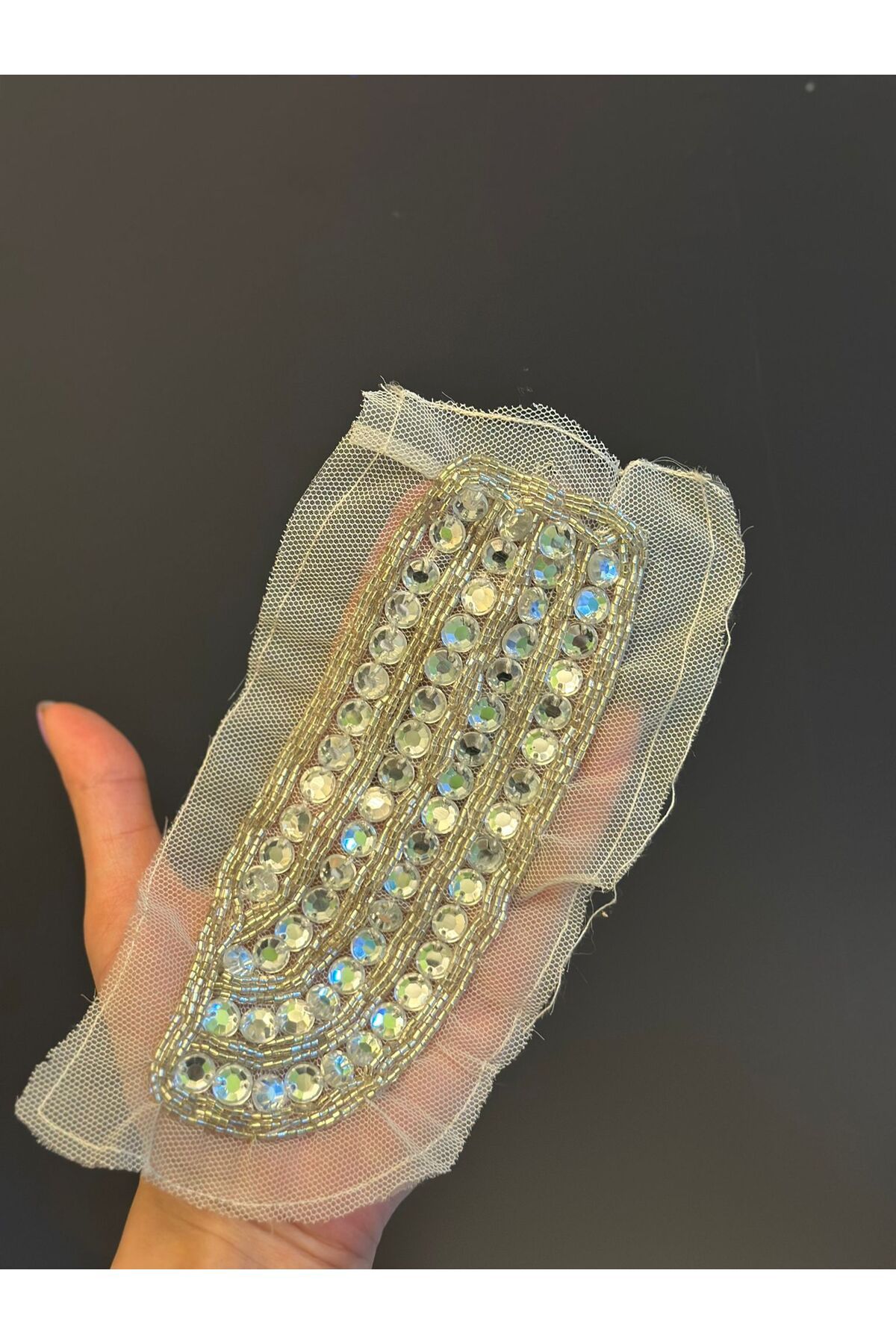 Gönülden Tasarım GÜMÜŞ RENK BONCUK İŞLEME DİKİŞ GİYİM APLİKE 16X6 CM