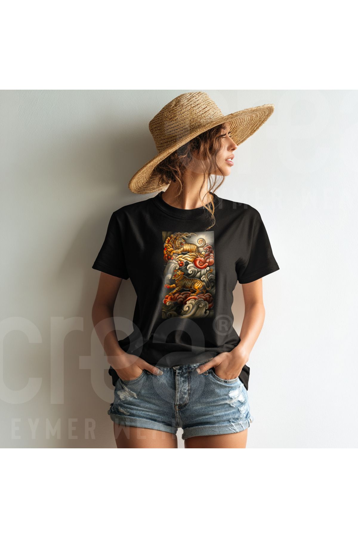 Crea Eymer Wear Kristal Taşbaskılı Leopar Tasarımlı Dijital Baskılı Pamuklu Bisiklet Yaka Tişört Siyah - Black