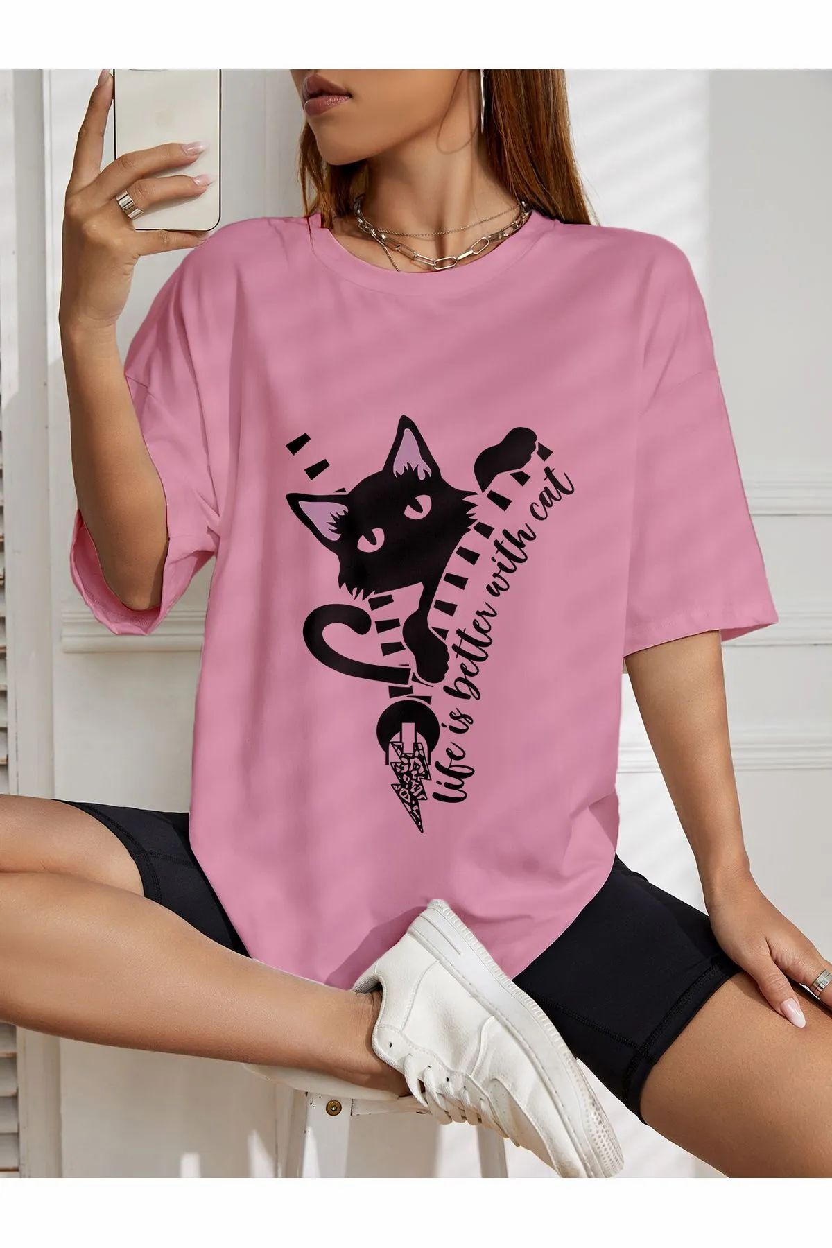 ship master oversize kedi baskılı T-shirt