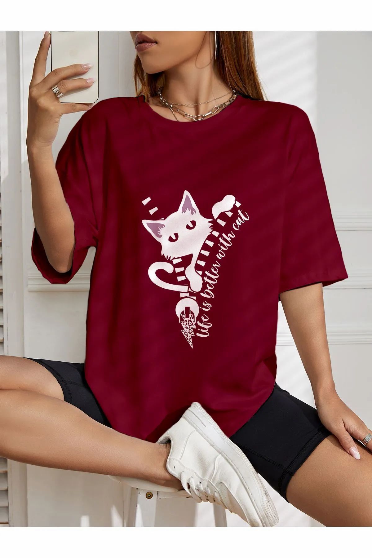 ship master oversize kedi baskılı T-shirt
