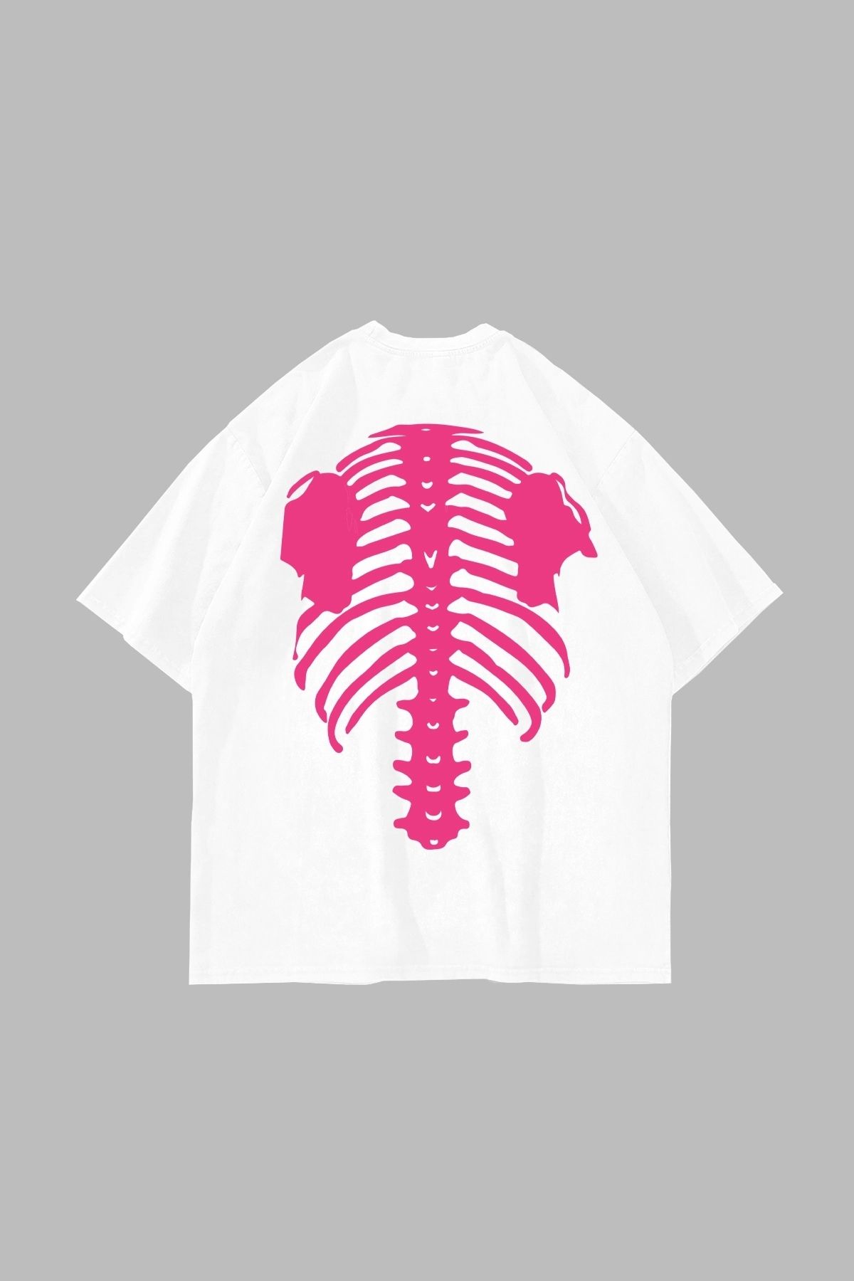Sekizbiraltı Pink Ribcage Baskılı Oversize Unisex Beyaz Tshirt