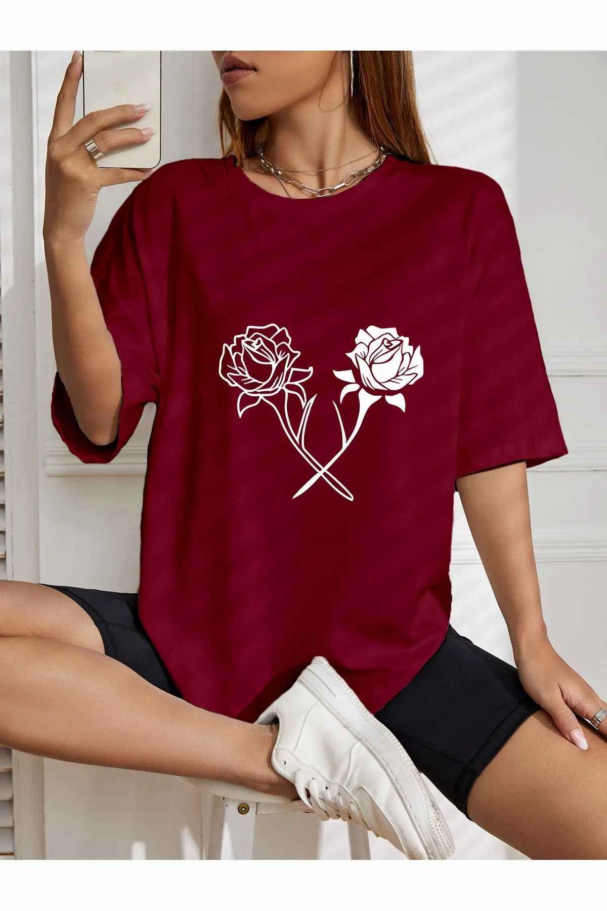 ship master oversize beyaz siyah çiçek baskılı T-shirt