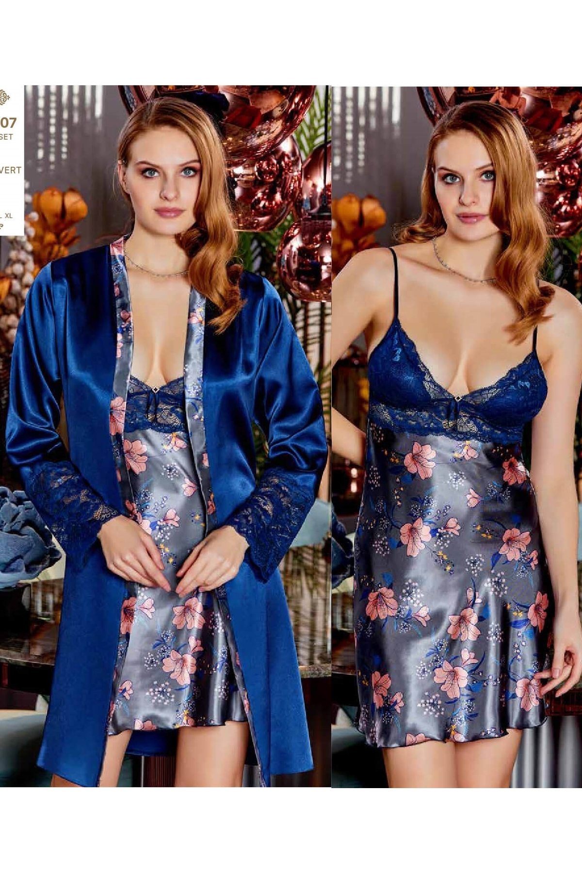 pierre İpek Saten 2'li Gecelik&Sabahlık Takım 4007 Lacivert Çiçek Desenli