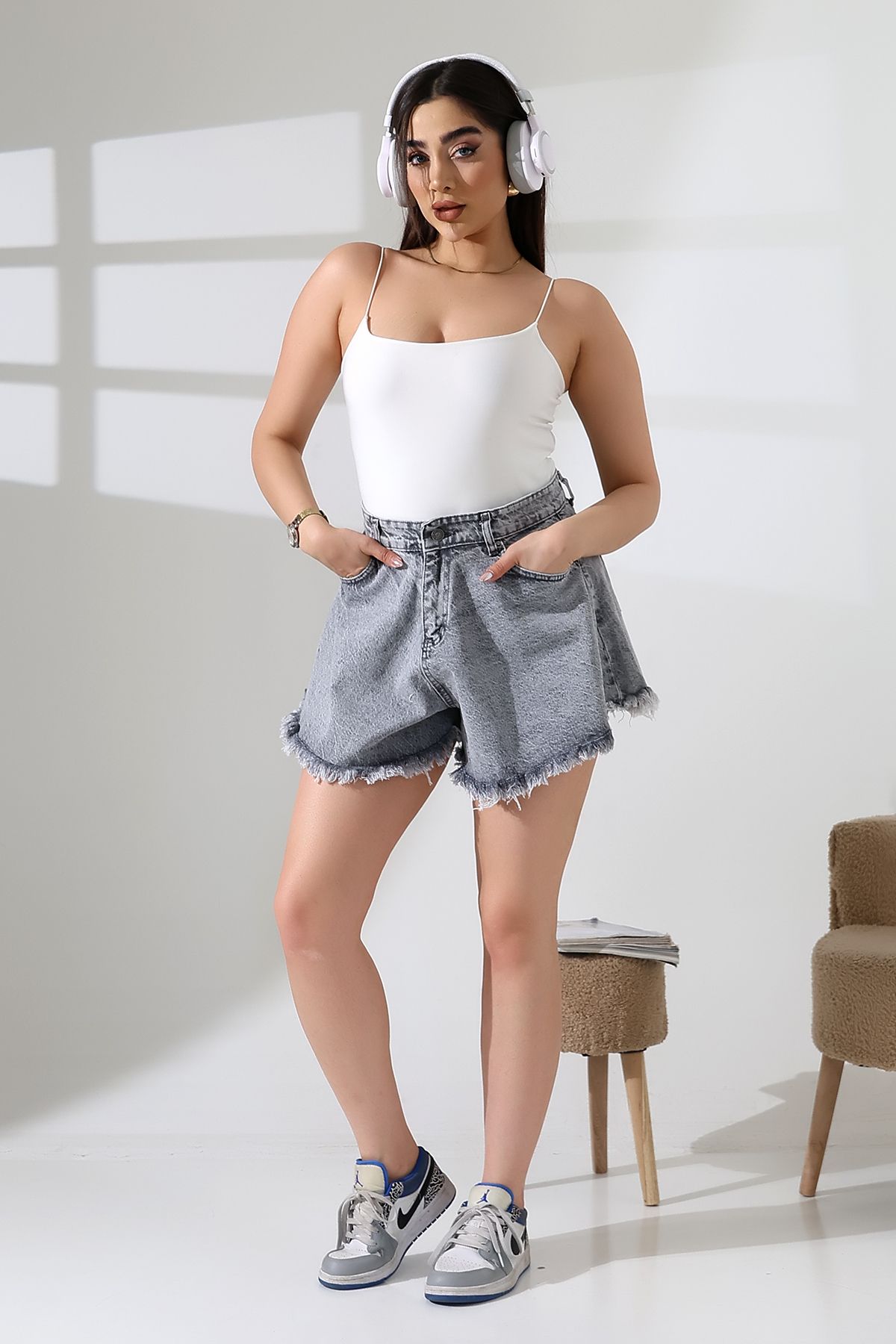 ZEYCEN Kadın Yüksek Bel Püsküllü Palazzo Model Likralı Mini Kot Şort Jeans