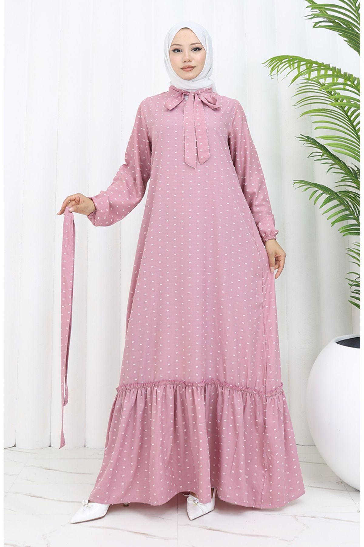 sefamerve-Getrocknetes rosafarbenes Pıtpıt-gemustertes Kleid mit Gürtel – 0383-03 3