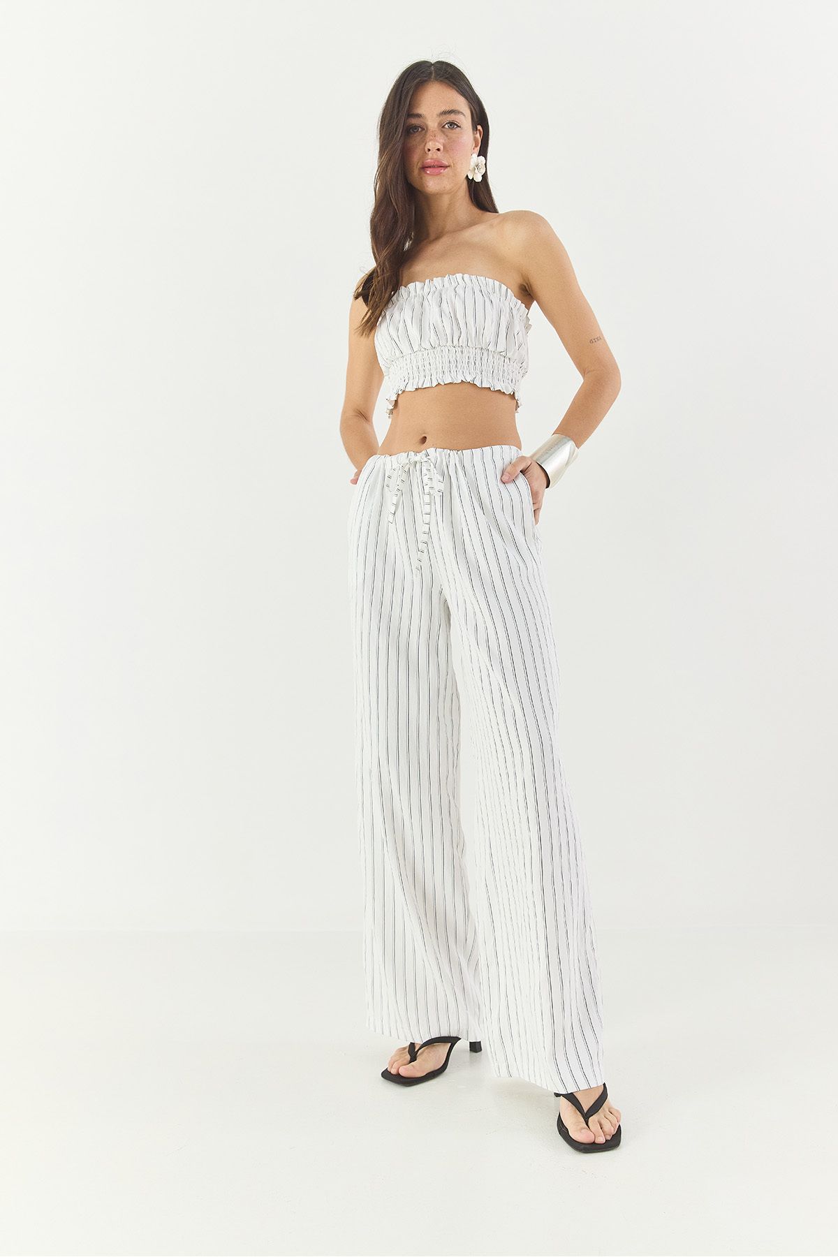 Bianco Lucci-Set de pantaloni largi, cu șnur, cu talie, cu detaliu Gipe, pentru femei, 60283262 5