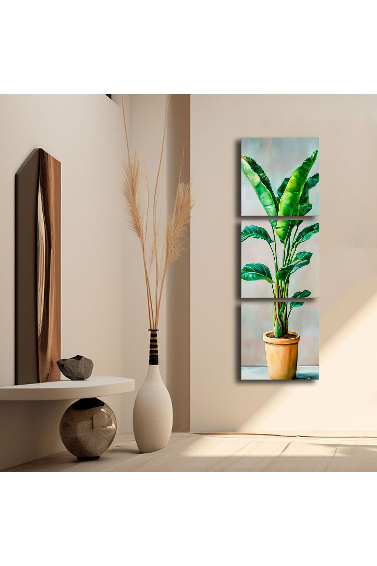Özgül Grup 3 Parça Dekoratif Canvas Tablo 135x45 cm Uzun Yeşil Yapraklı Saksı Çiçeği