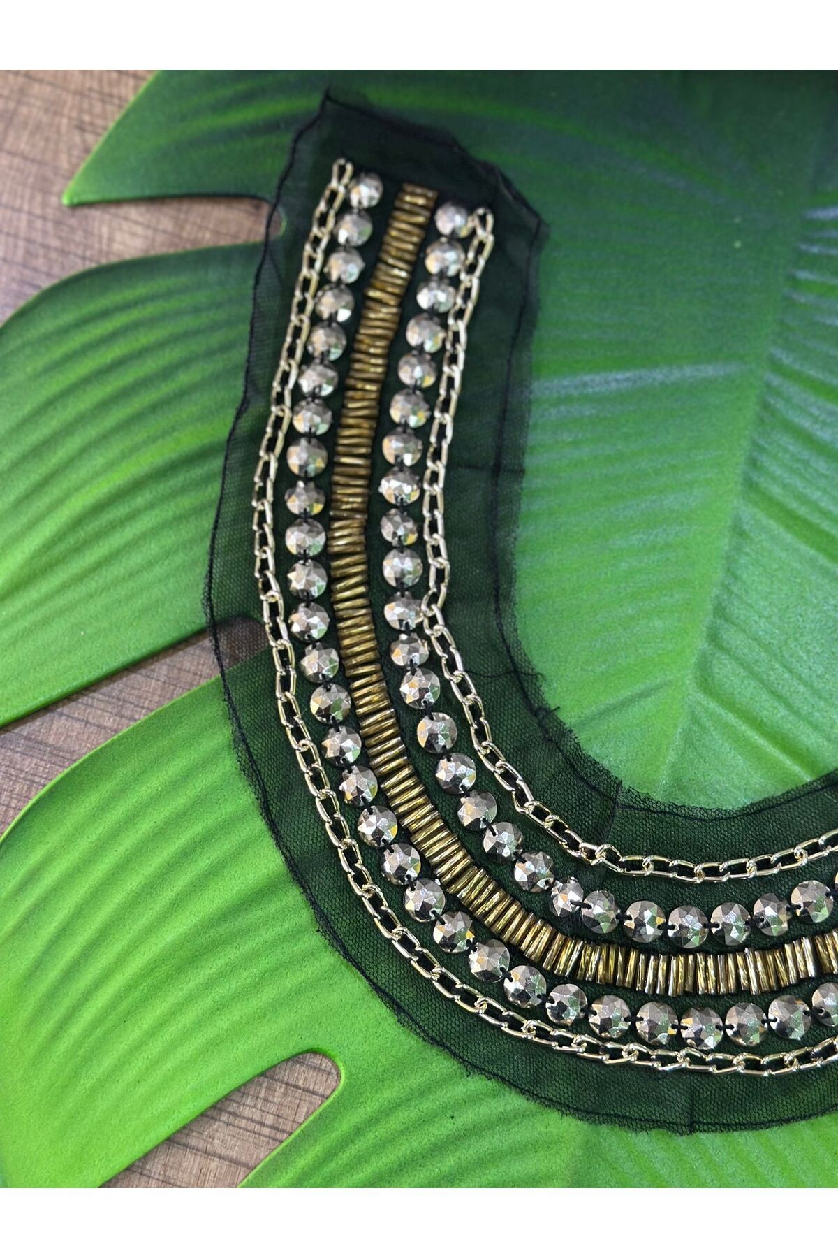 Gönülden Tasarım FÜME BONCUK İŞLEME YAKA DİKİŞ GİYİM AKSESUARI 21X5 CM